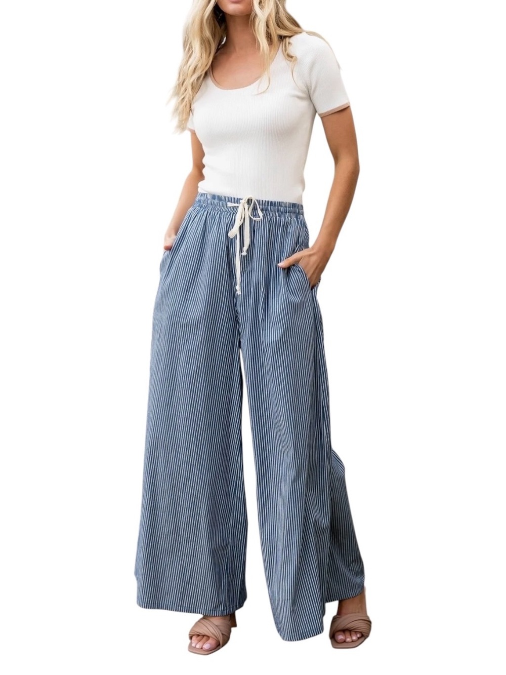 Baltic Born Odelia Striped Blue Off White Wide Leg Cotton Drawstring Pants M NWT - Picture 1 of 12